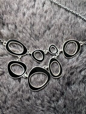 Y2K Silver-Tone Black Enamel Link Statement Necklace
